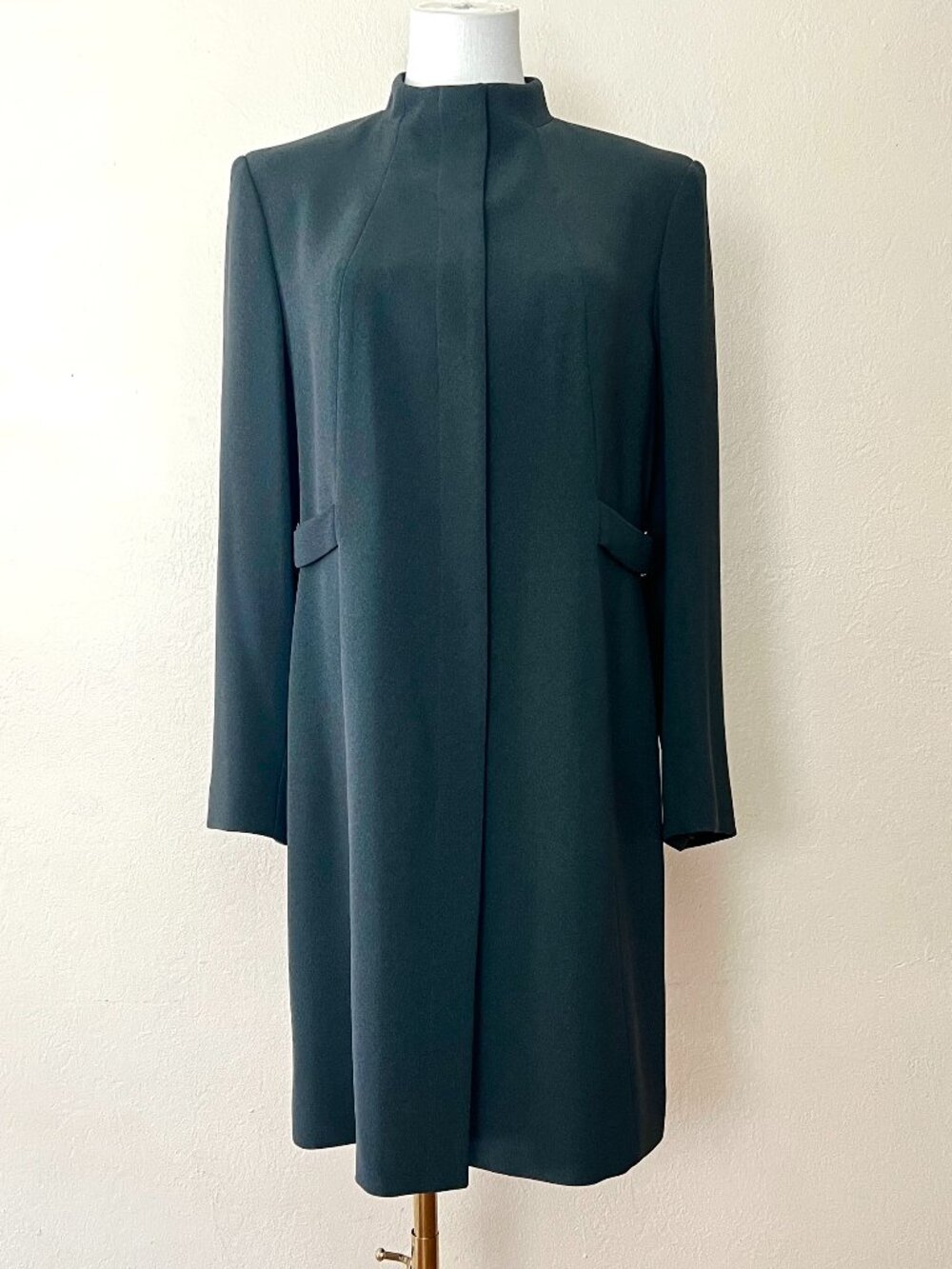 VTG Alfani Long 90s Minimalist Coat High Collar Dark Green Sz 8P CBK Aesthetic